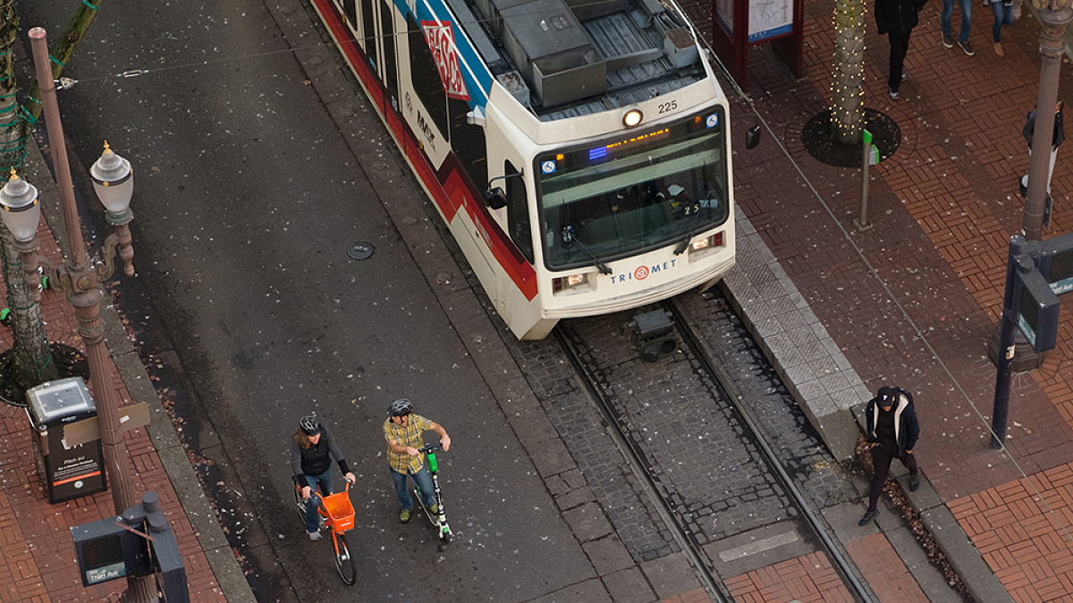 Portland light rail train at intersection