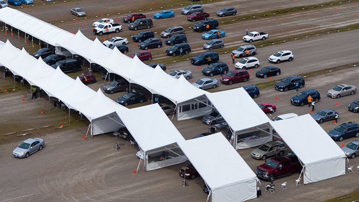 Aerial view of vaccine clinic at Autzen Stadium