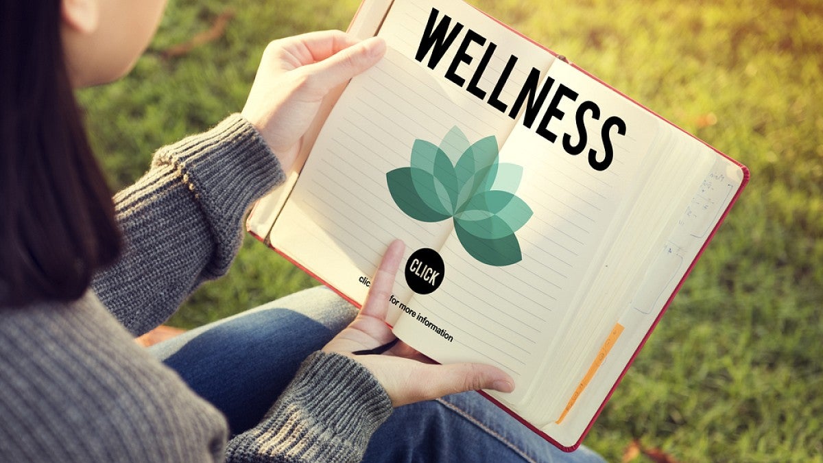 Open book with the word 'Wellness' 