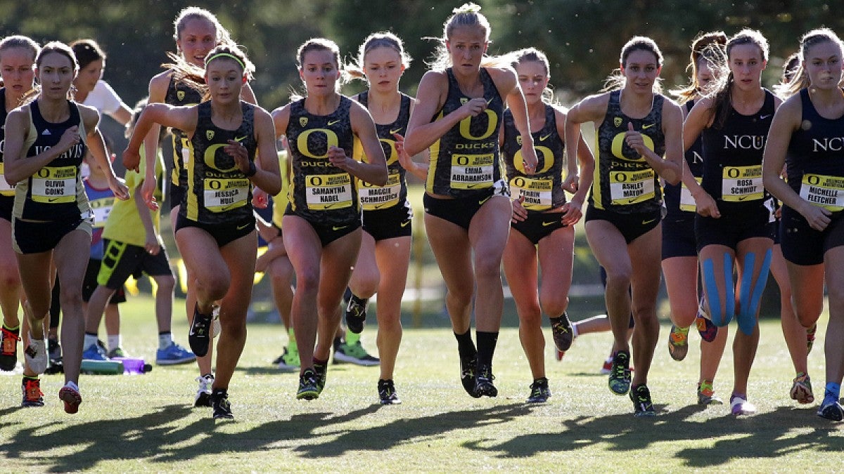 Ducks women cross-country runners during a meet