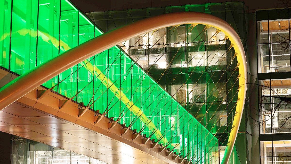 Knight Campus skybridge at night