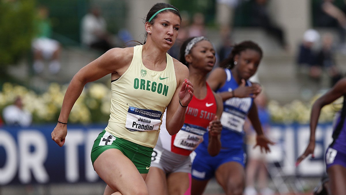 Jenna Prandini racing in the 200 meters at the NCAA Championships at Hayward Field