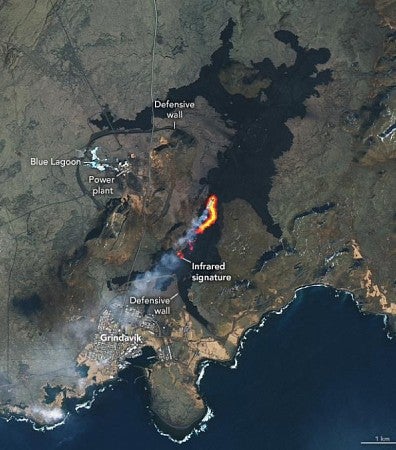 Aerial map of grindavik showing the location of the Infrared siganture, Defensive walls, and Power plant