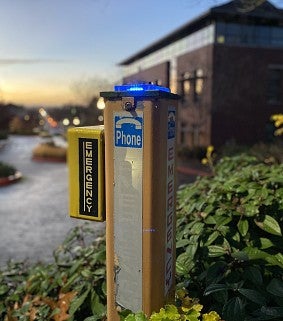 An emergency call box on campus