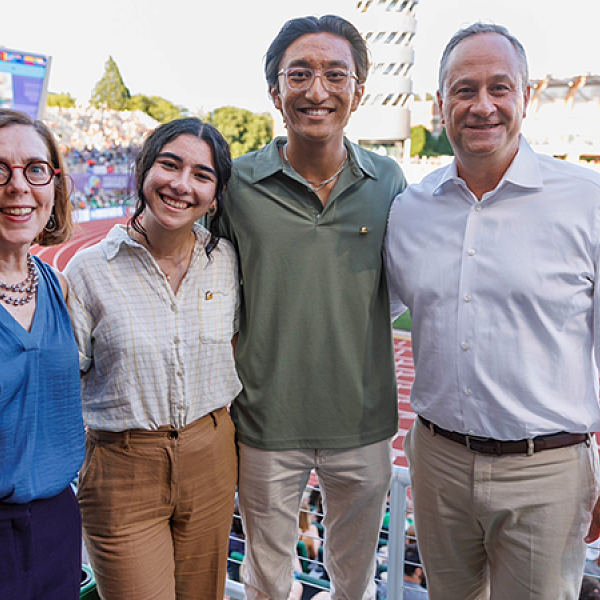 Former Oregon governor Kate Brown, Luda Isakharov, Kavi Shrestha (former ASUO Vice President) and The Second Gentleman Douglas Emhoff