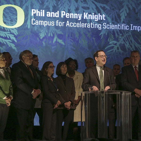 President Michael H. Schill at the announcement of the Phil and Penny Knight Campus for Accelerating Scientific Impact