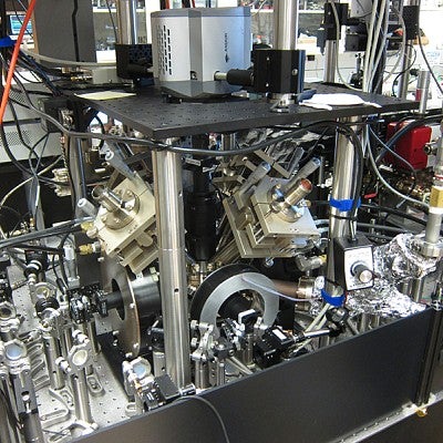 Experimental table used for ion-trapping experiments by David Allcock at NIST