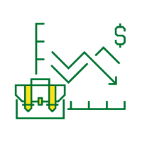 Icon representing income loss with graph showing downward trend of money.