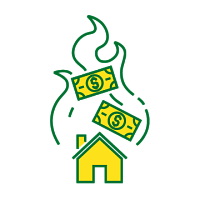 Icon of dollar bills in a fire and smoke cloud above a house.