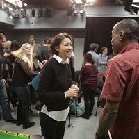 Curry speaking with journalism professor Ed Madison